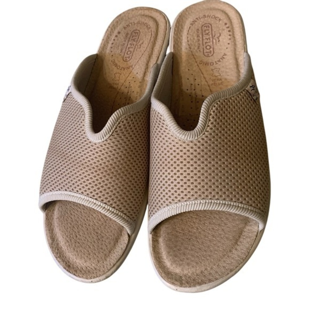 Fly Flot Ladies Size 40 US 9 Tan Fabric Mules Casual Rubber Comfort Slides Italy - Picture 11 of 12